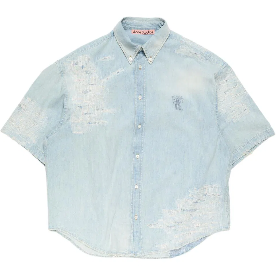 Рубашка с потертостями и вышивкой Acne Studios, Light Blue