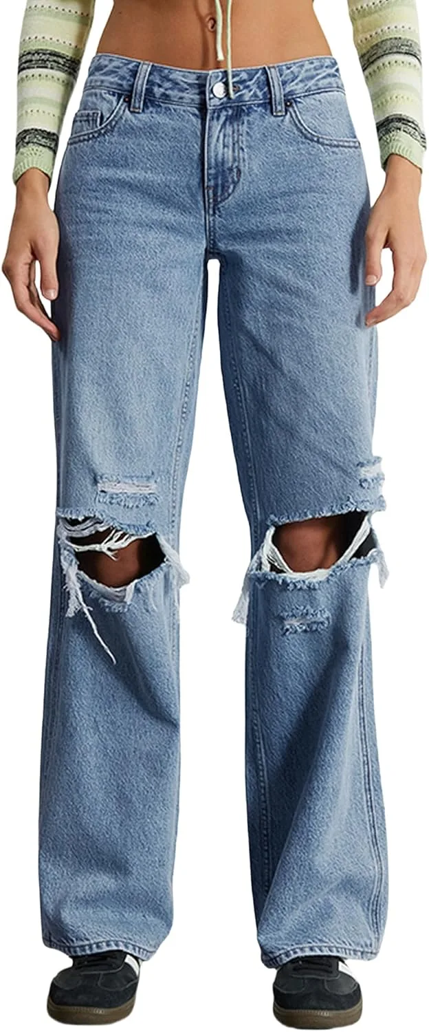 

Женские джинсы Mid Waisted Wide Leg с потертостями KKSONG