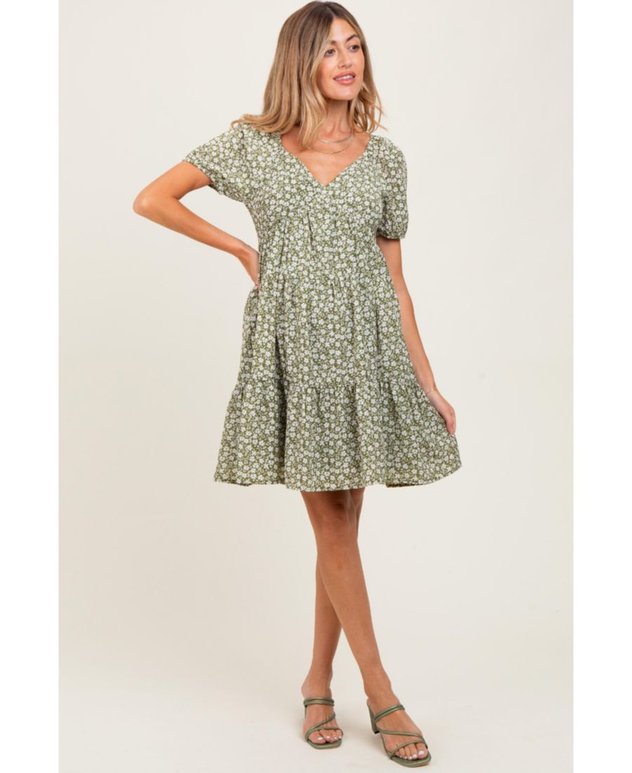 

Мини-платье для беременных светло-оливкового цвета с цветочным принтом, многоярусным V-образным вырезом Pinkblush, Light olive