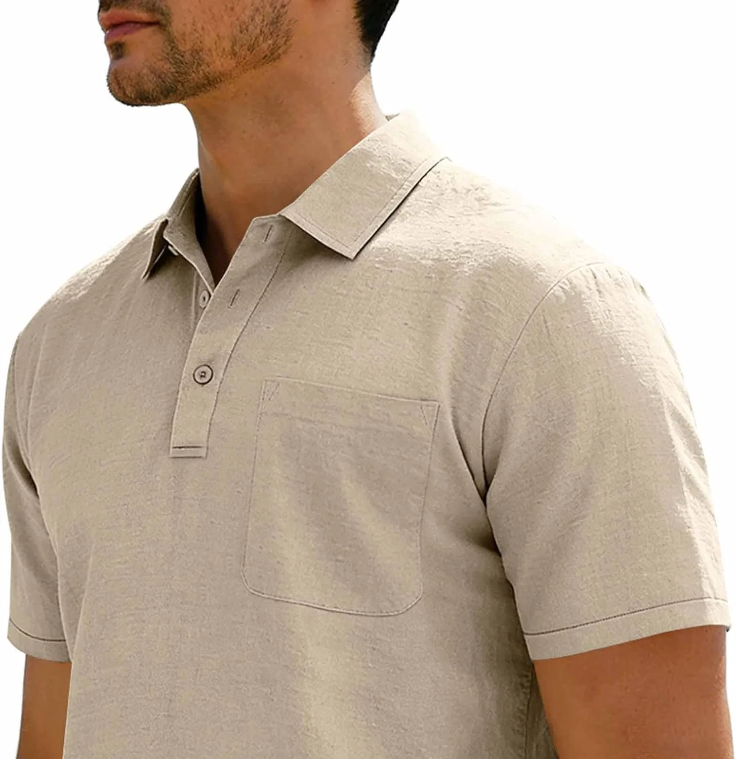 Футболка мужская с воротником на пуговицах, Cotton Linen, Khaki — фото 3