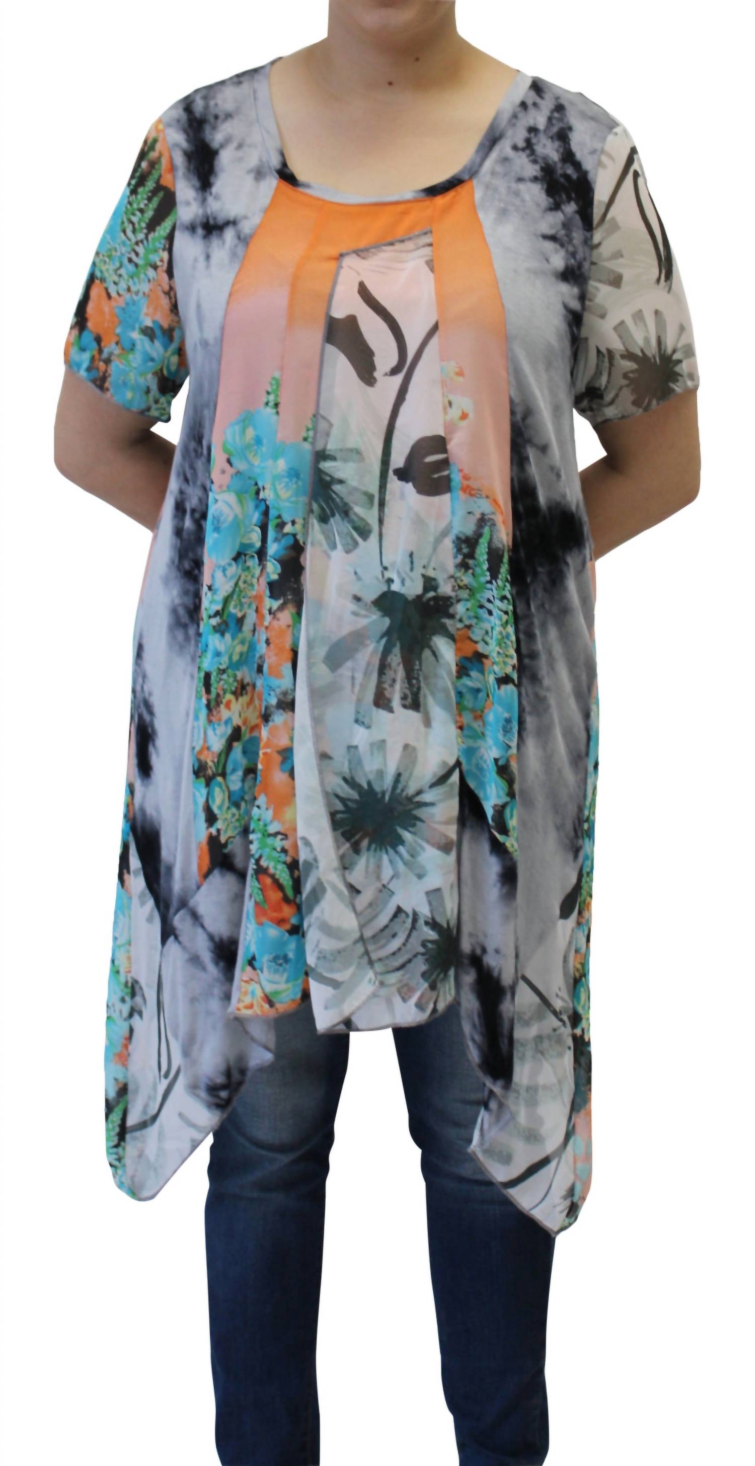 

Длинная туника в технике пэчворк с оранжевым цветочным принтом LV Collection