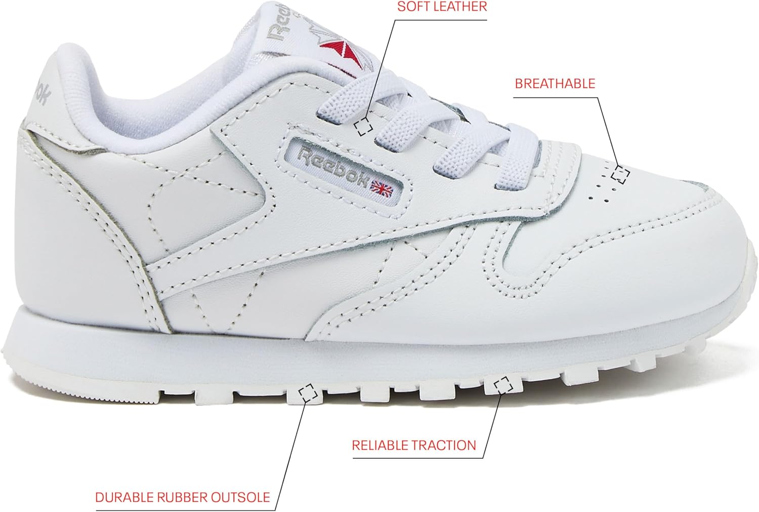 Кроссовки Reebok Classic Leather для детей и подростков, унисекс, для девочек и мальчиков, малышей, детей младшего или старшего возраста, белый — фото 2