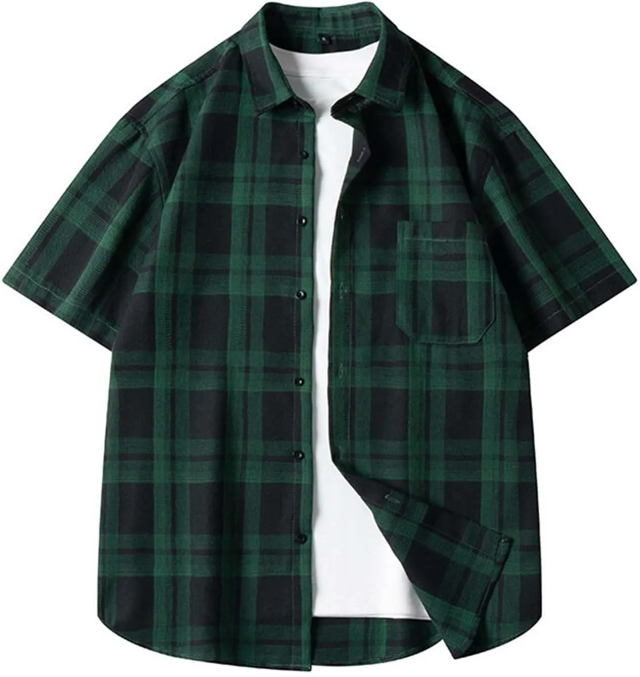 Мужская рубашка с коротким рукавом Vintage Plaid Print, с воротником и карманом, свободного кроя Plus Size, для комфортного лета Generic, зеленый