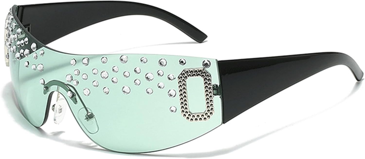 

Солнцезащитные очки Bullabulling без оправы, прямоугольные, в стиле Y2K, для женщин и мужчин, со стразами, прозрачные, без оправы, тонированные линзы, квадратная форма, модные очки, Green