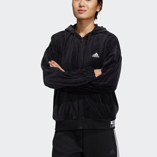 Куртка велюровая jkt бархатная куртка с капюшоном Adidas, черный — фото 2