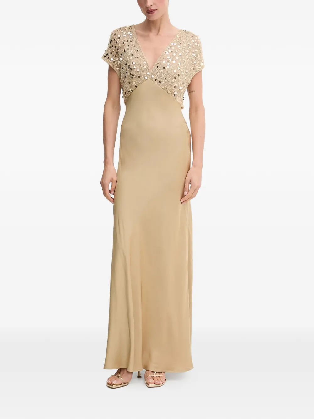

Макси-платье с V-образным вырезом и пайетками Never Fully Dressed, бежевый