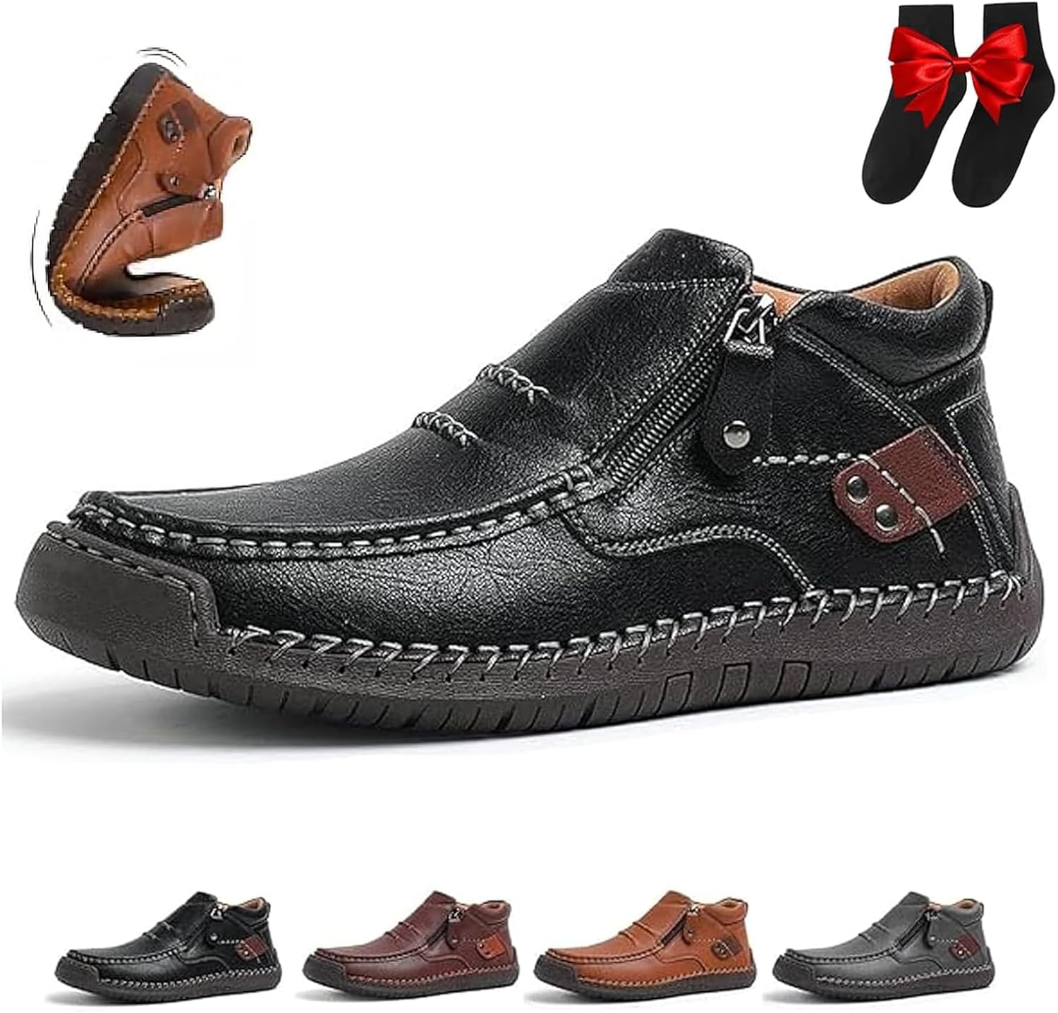 

Мужские кожаные ортопедические ботинки без застежки, мужские ручной работы премиальные кожаные ботинки для вождения без застежки, широкий носок, поддержка свода стопы, водонепроницаемые, нескользящие, с боковой молнией, полуботинки Ghtrhsb, черн...