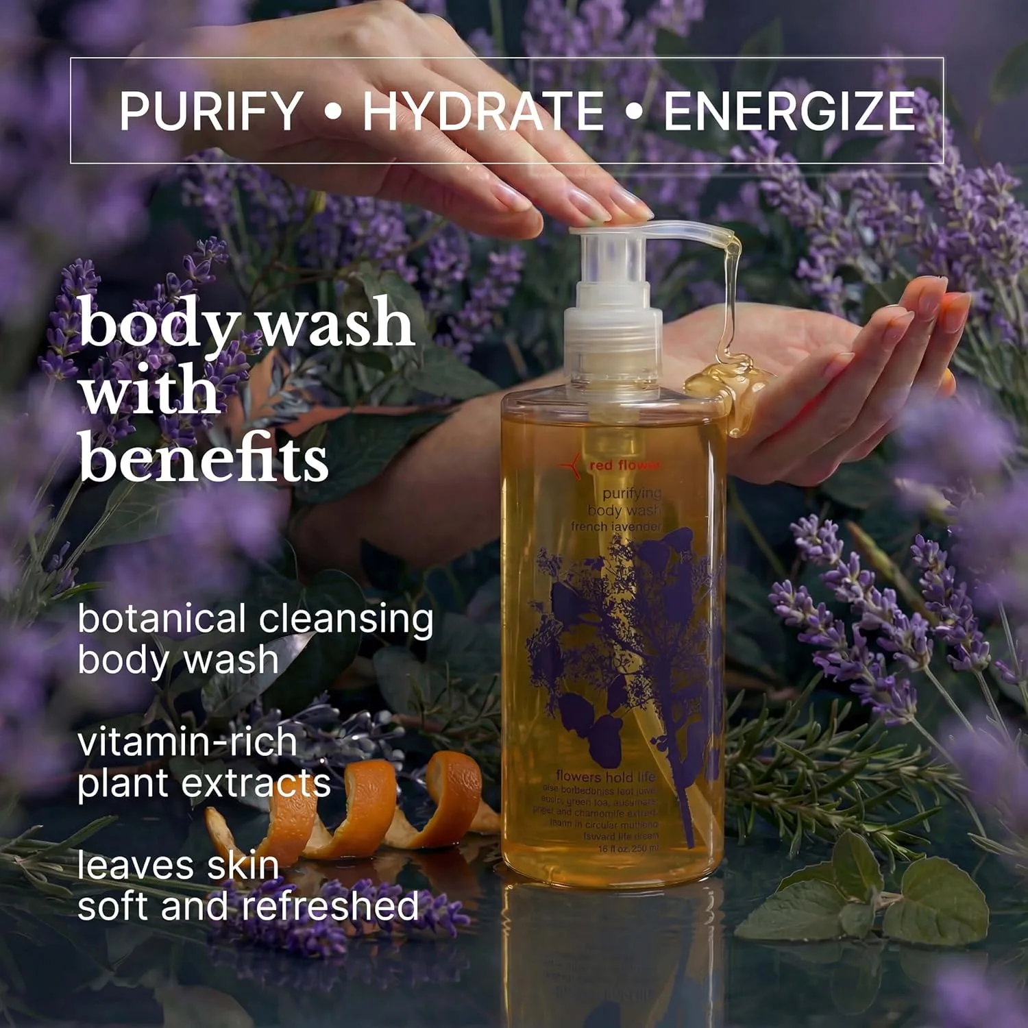 Очищающий гель для душа Red Flower French Lavender - растительный очищающий и увлажняющий гель для душа с органическими экстрактами фруктов и листьев для увлажненной и сияющей кожи (280 мл) 302 мл (1 шт.), White — фото 3