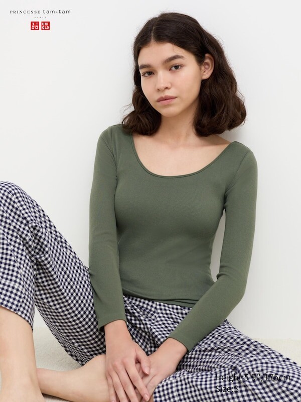 

Очень теплый топ-бюстгальтер heattech в рубчик с круглым вырезом Uniqlo, зеленый