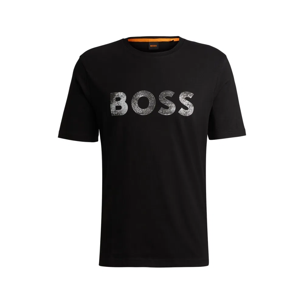Мужская чёрная футболка с коротким рукавом с принтом смешанного логотипа от Boss — фото 3
