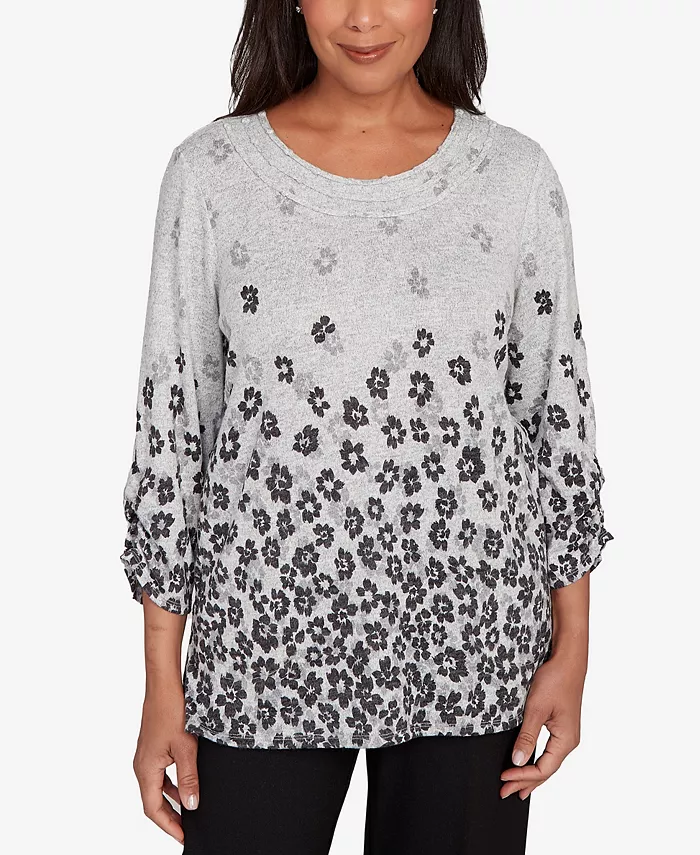 

Женский классический топ с цветочной каймой и присборенными рукавами Alfred Dunner, серый