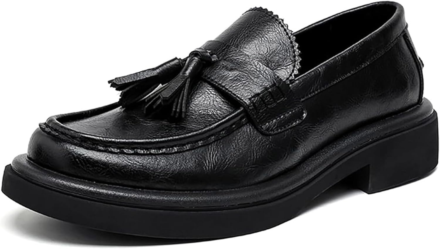 

Мужские кожаные лоферы с кисточками: деловые туфли-слипоны на платформе с ремешком, округлый носок и нескользящая подошва для работы в офисе Xinduoyu, черный