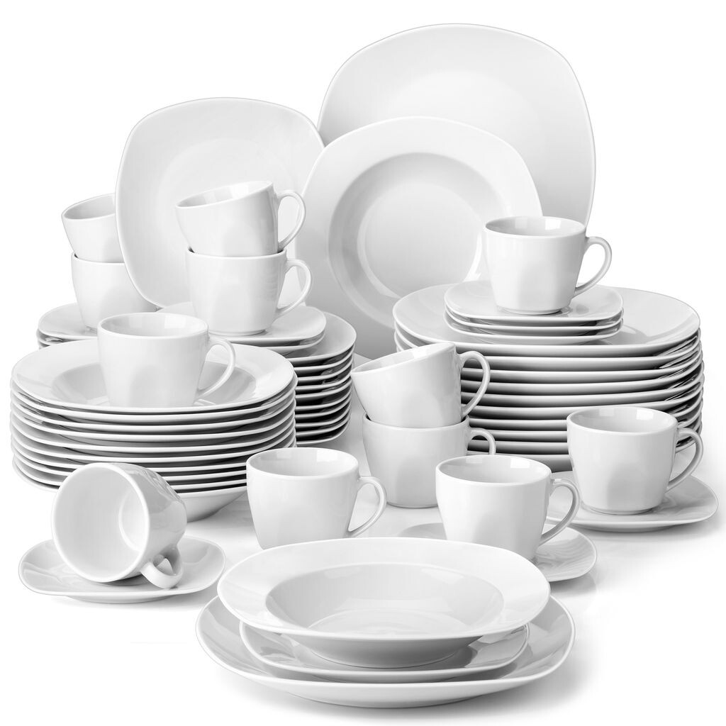 

МАЛАКАСА, серия Элиза, 60 шт. Фарфоровый сервиз, состоящий из 12 кофейных чашек, 12 блюдец, 12 десертных тарелок, 12 суповых тарелок, 12 обеденных тарелок MALACASA, серый