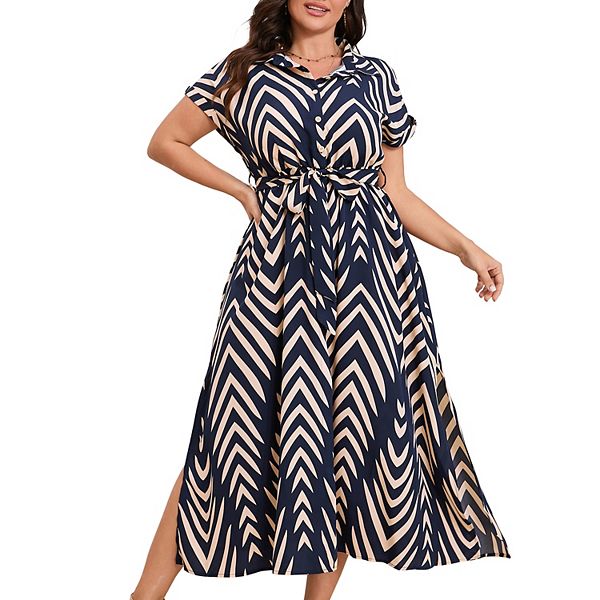 

Женское платье-рубашка макси с короткими рукавами и завязкой на талии Clearflower, Navy Ripples