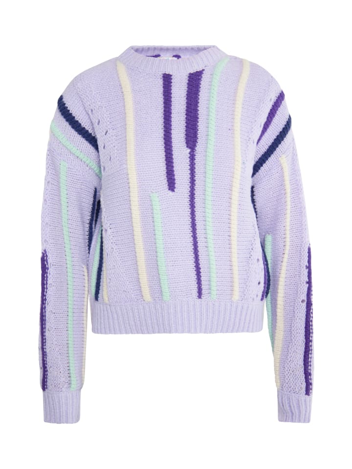 

Женский свитер светло-фиолетового цвета с разноцветными вставками IZIA