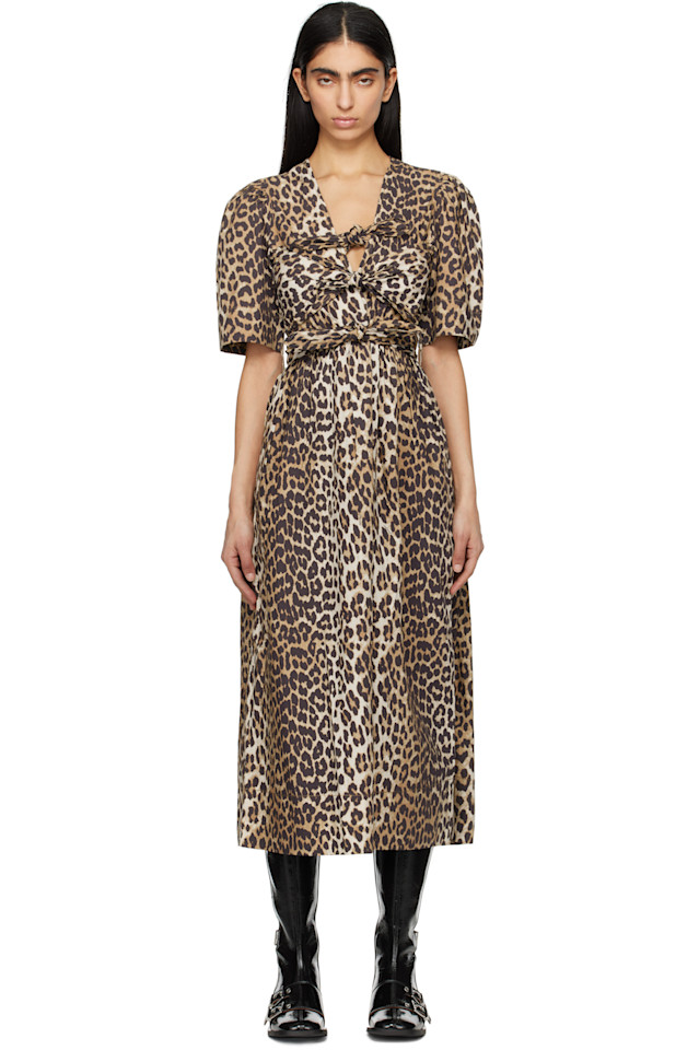 

Леопардовый хлопковый миди-платье с завязками Ganni, цвет leopard