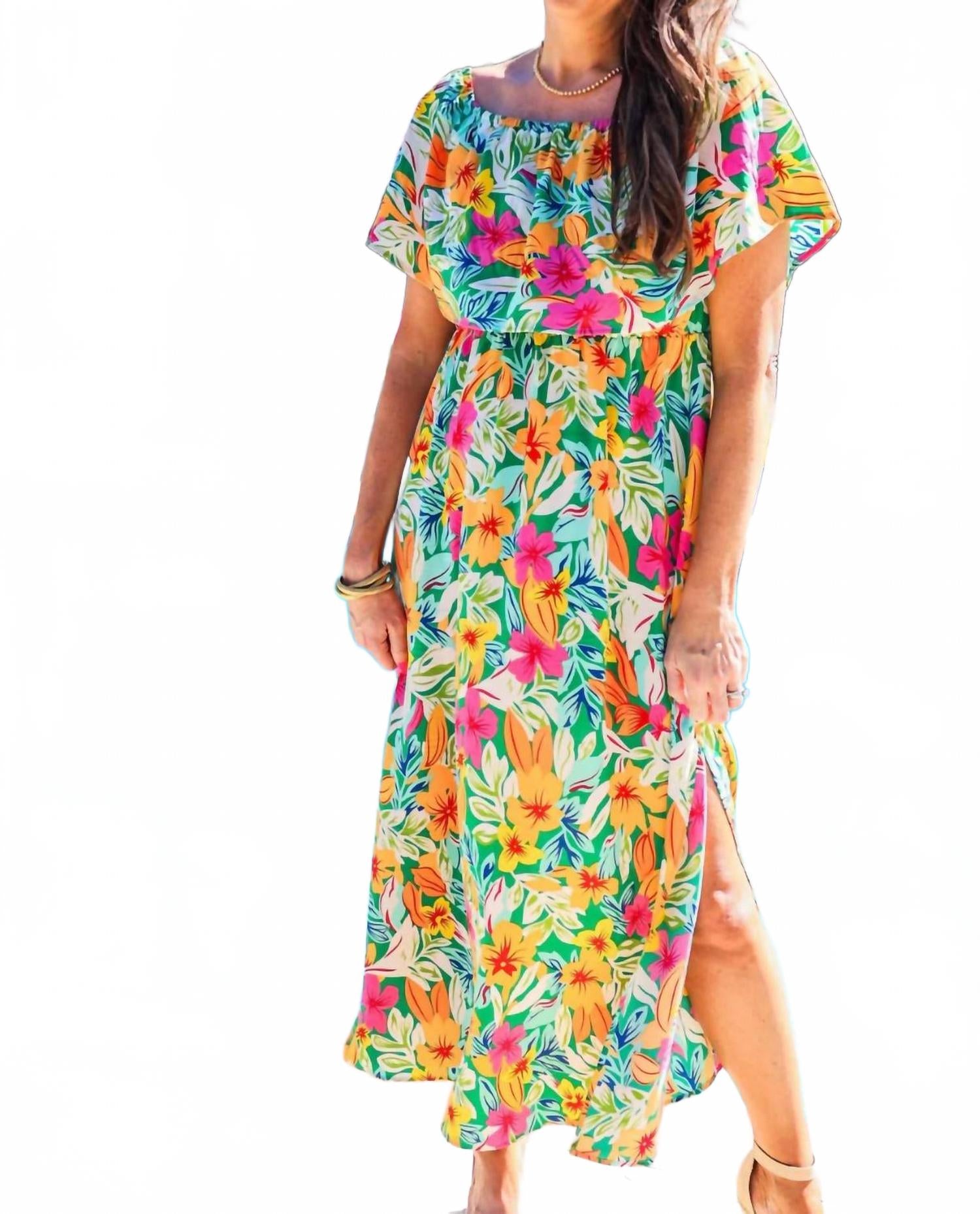 

Пляжное платье Resort Radiance с рюшами и открытыми плечами в тропическом принте Jess Lea, мультиколор