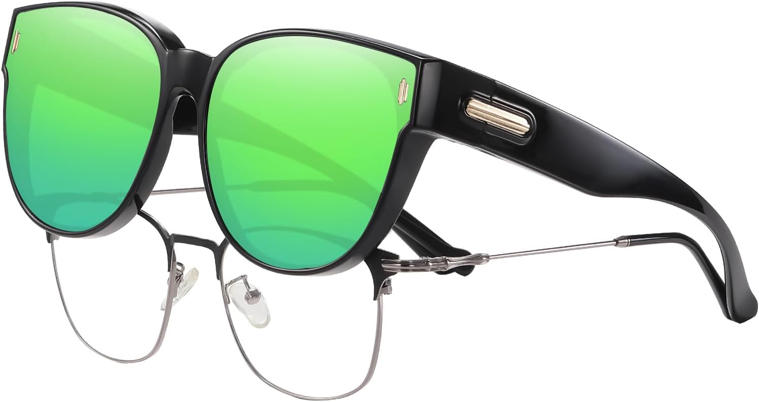 

Солнцезащитные очки HAOLOTA Fit Over Glasses для женщин, большие поляризованные очки для вождения, модные очки «кошачий глаз» с защитой от УФ-излучения UV400, A04 Black Frame Green Lens