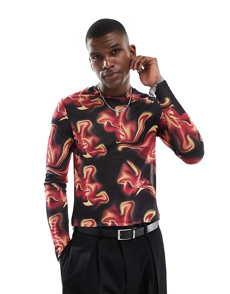 

Футболка с длинными рукавами и принтом в сетку, облегающая фигуру ASOS DESIGN