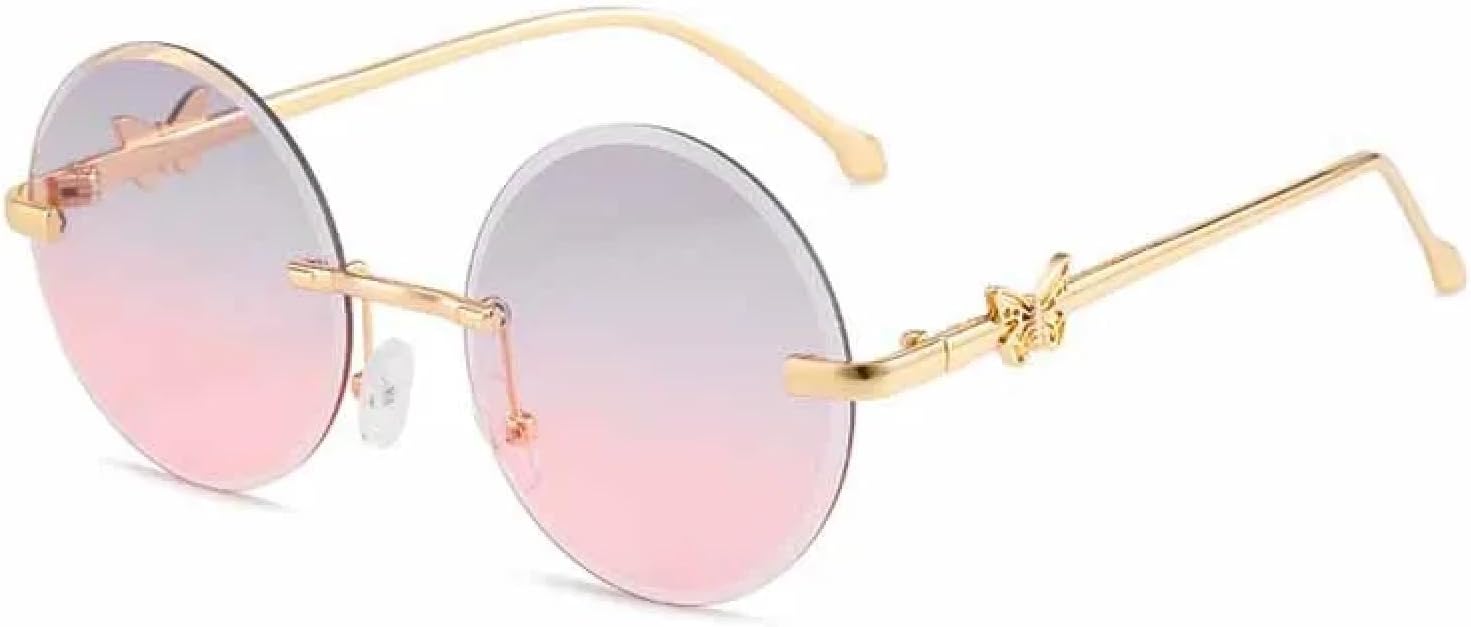 

Винтажные круглые солнцезащитные очки без оправы для мужчин и женщин, модный тренд, металлическая оправа, дорожные солнцезащитные очки с защитой от УФ-излучения UV400 TKKTLLT, Gold Gray Pink