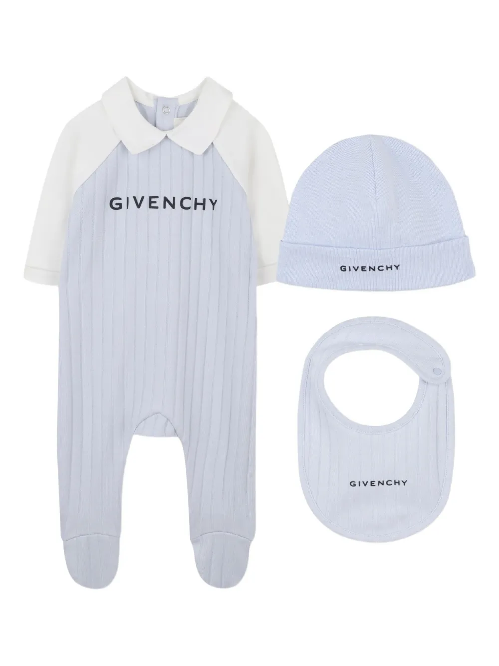 

Комплект из ребристых пижам с нагрудником и шапочкой Givenchy Kids, синий