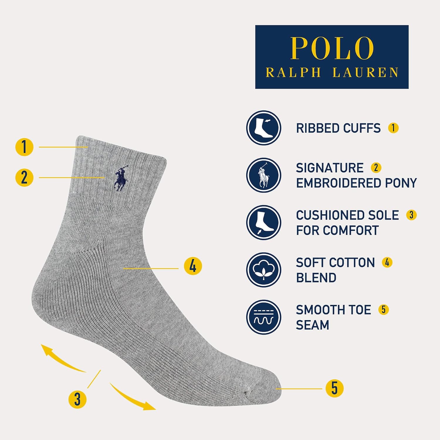 POLO RALPH LAUREN Мужские классические спортивные однотонные носки набор 6 пар - амортизирующий комфорт из хлопка, Gray Heather Assorted, 6-12.5 — фото 2