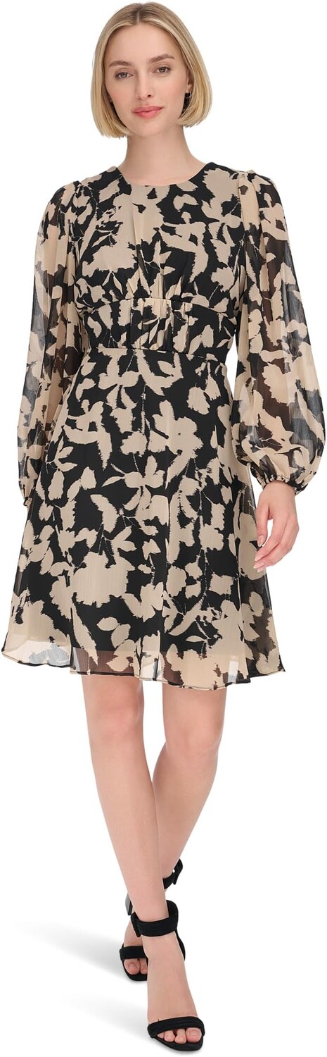Платье Calvin Klein Chiffon Long Sleeve Floral Rouched Aline, цвет Black White Pepper — фото 3