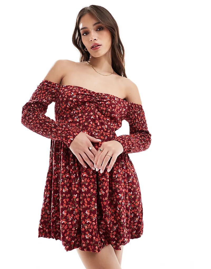 

Мини-платье-бардо с принтом в виде цветка красного цвета ASOS DESIGN