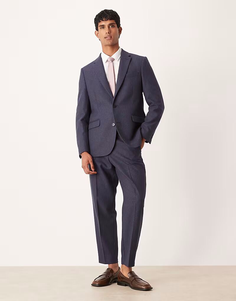 

Зауженные брюки из шерстяной ткани в тонкую полоску темно-синего цвета Asos Design