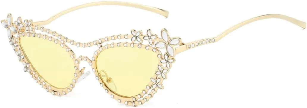 

Роскошные женские солнцезащитные очки с бриллиантовой бликовой отделкой, модные металлические очки «кошачий глаз», защита от УФ-излучения UV400 UATXTAU, Yellow