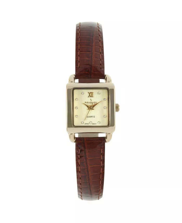

Женские квадратные часы 20 мм с глянцевым коричневым кожаным ремешком Peugeot