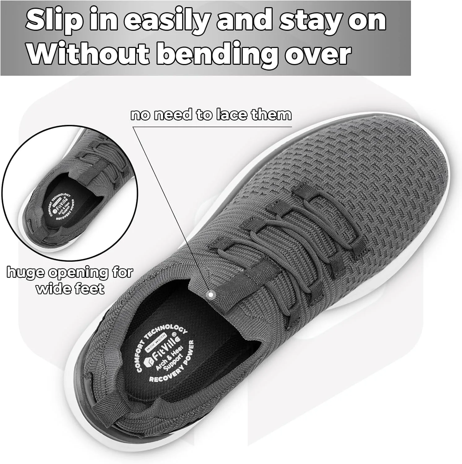 Мужские слипоны FitVille Extra Wide, легкие и дышащие с максимальной амортизацией, серый — фото 3
