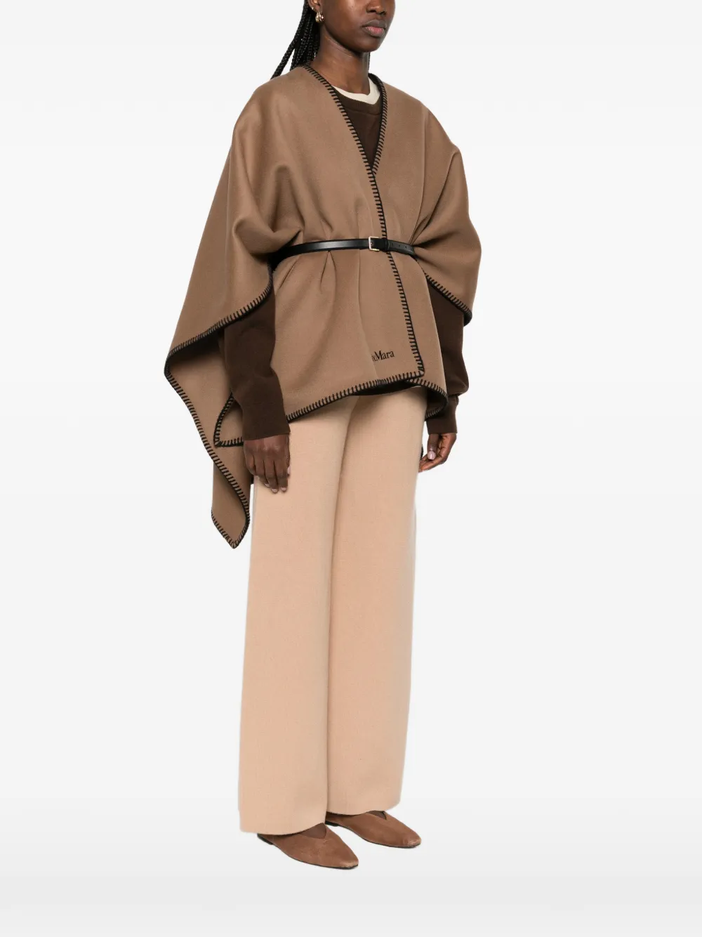 Пончо с поясом и отделкой строчкой «плед» Max Mara, коричневый — фото 3