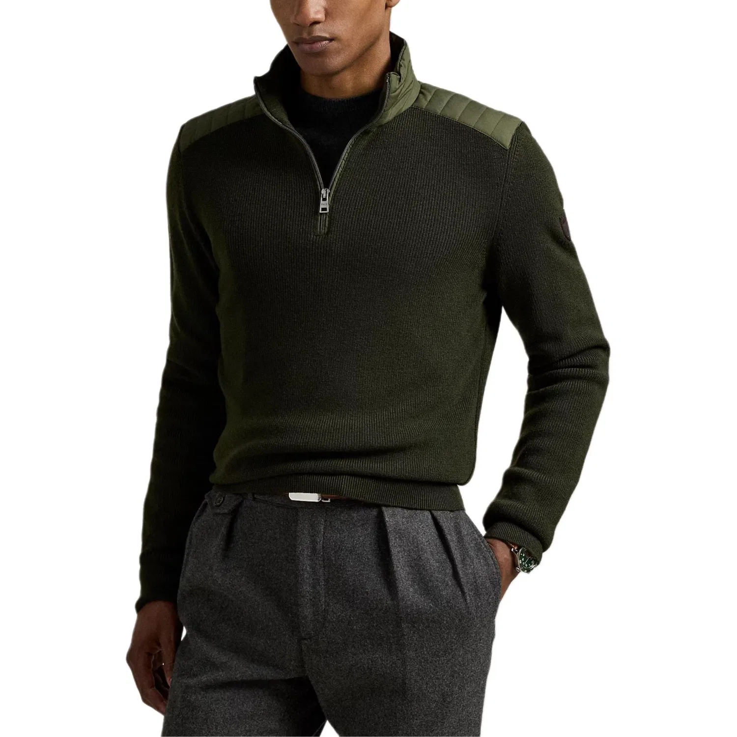 Свитер полузастегнутый на молнию с quilted-panel Polo Ralph Lauren, Olive Green Mixed Color — фото 4
