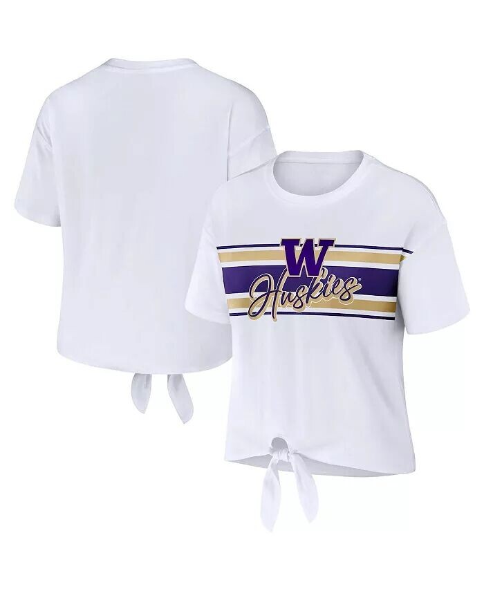 

Женская белая укороченная футболка Washington Huskies в полоску спереди с узлом Wear By Erin Andrews