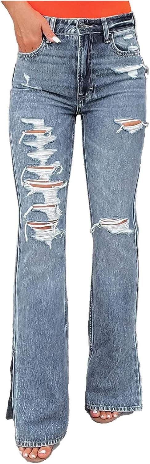 

Женские рваные джинсы с высокой талией и расклешенными штанинами NATHGAM