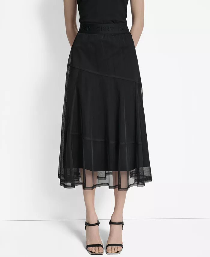 

Женская многослойная сетчатая юбка миди с логотипом на ленте DKNY, черный