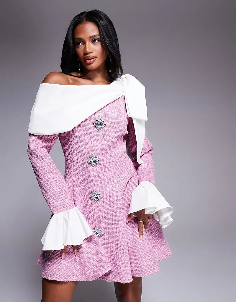 

Мини-платье ASOS LUXE из букле и поплина с декорированными пуговицами розового цвета