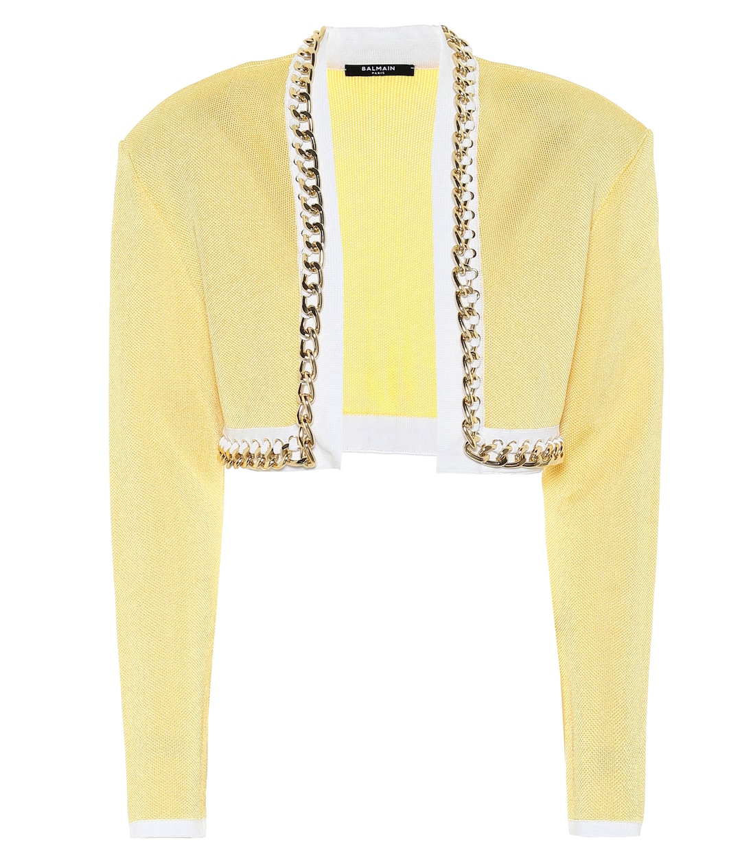 Укороченная трикотажная куртка с цепочкой Balmain, Jaune/Blanc