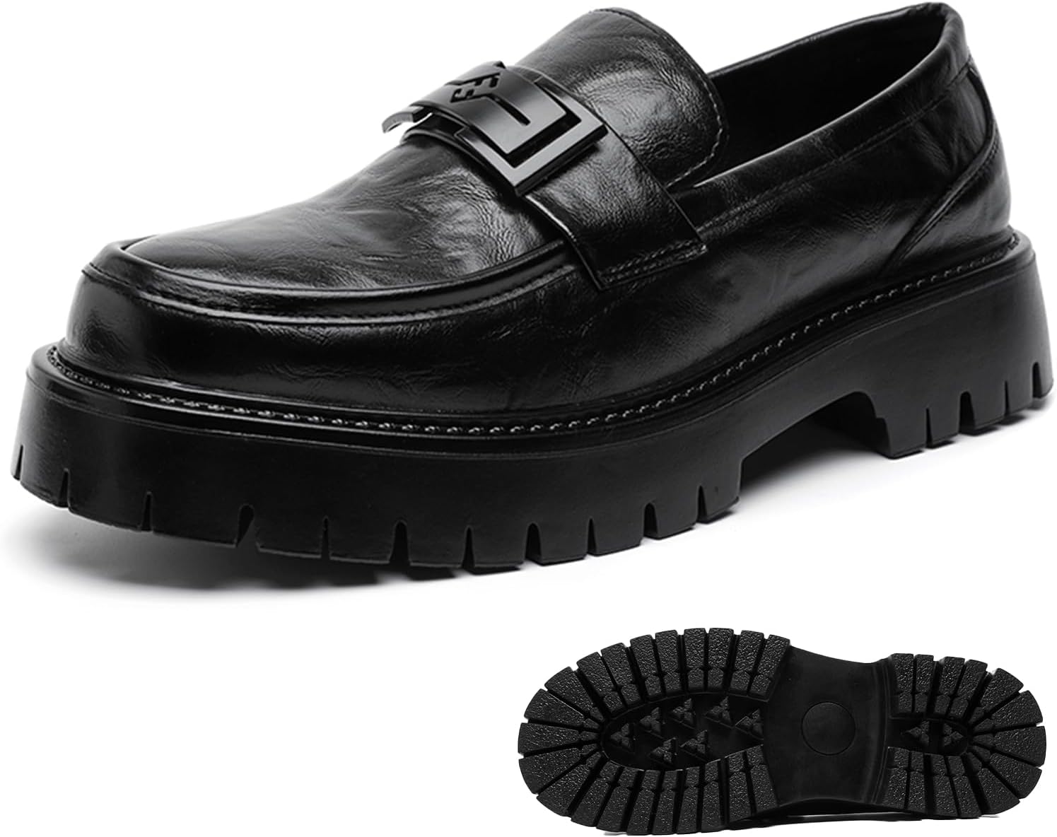 

Мужские кожаные лоферы на платформе с металлической пряжкой, противоскользящей подошвой, удобные и стильные туфли для делового стиля, повседневной работы и официальных мероприятий Eggdk, черный
