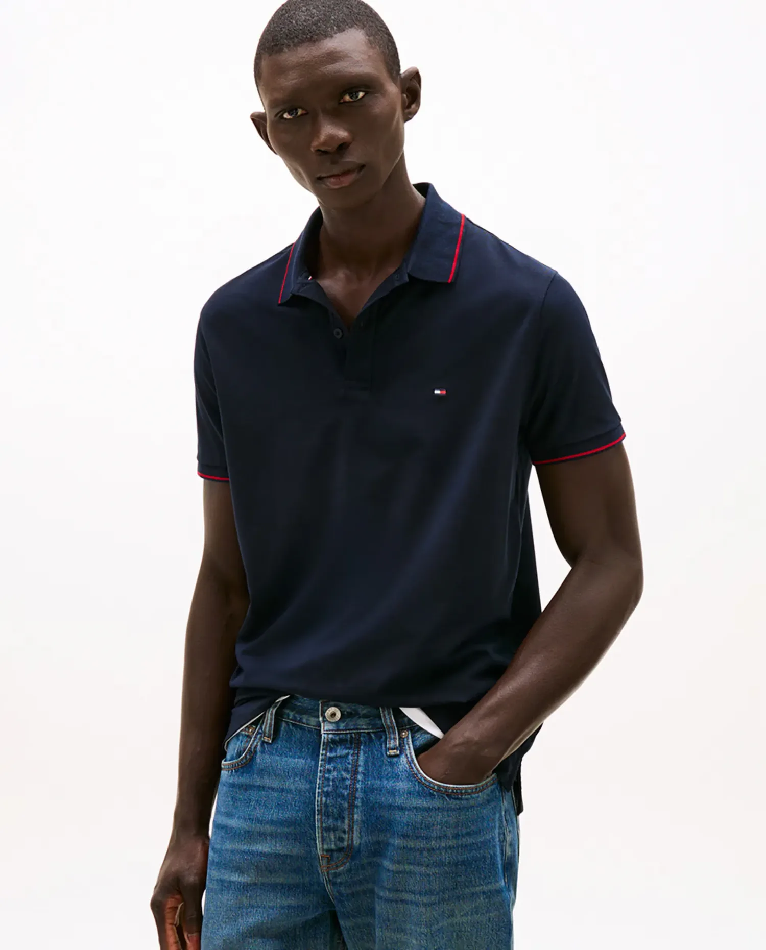 Мужская рубашка-поло с короткими рукавами, однотонная Tommy Hilfiger, темно-синий