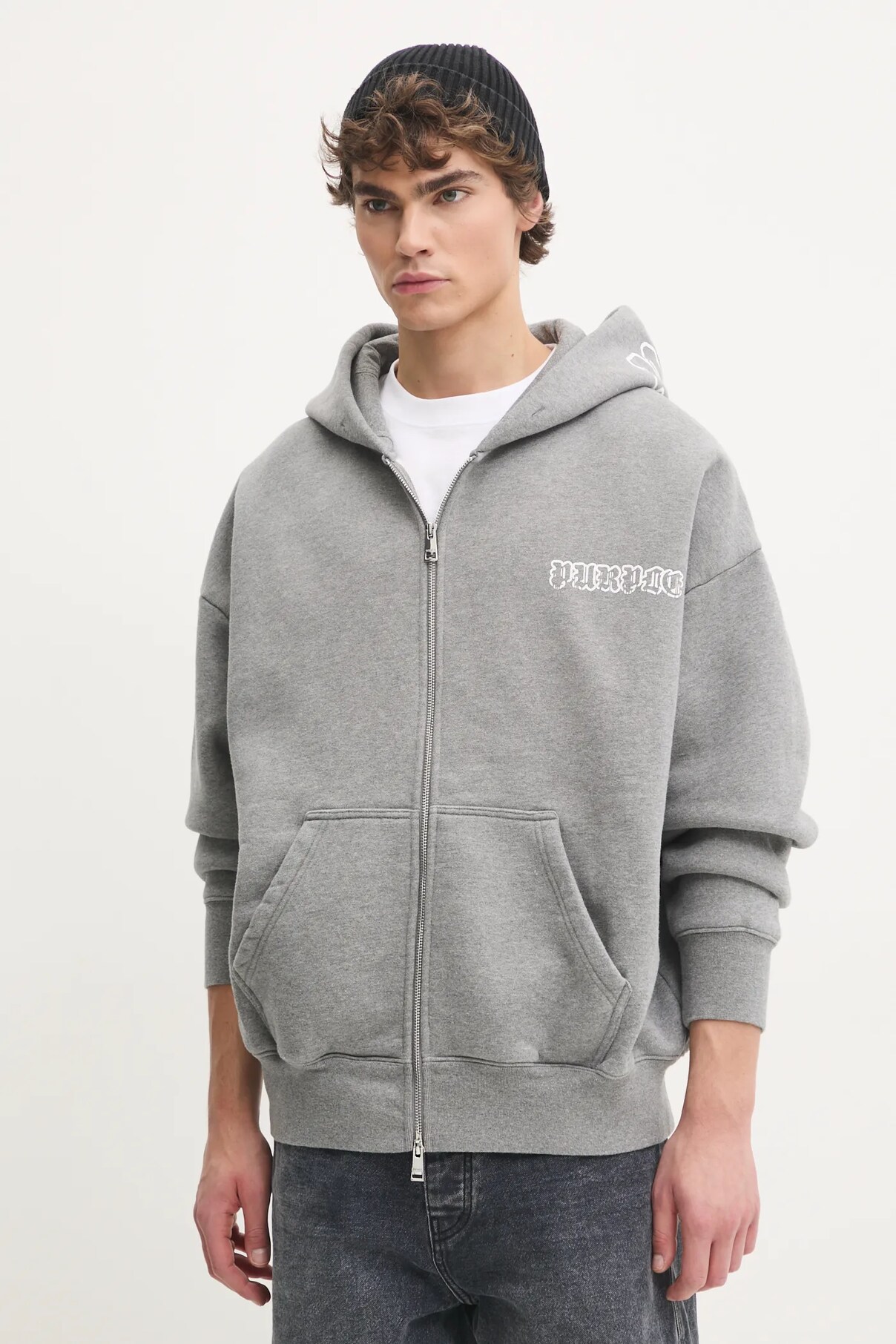 

Хлопковая толстовка с капюшоном из флиса HWT на молнии спереди Purple Brand, серый
