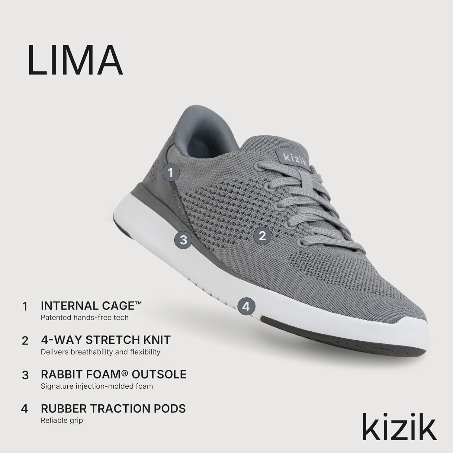 Кроссовки Kizik Slip On: Lima- удобные для повседневной носки, с Hands-Free, дышащий верх из трикотажа, мужские и женские прогулочные обувь с поддержкой свода стопы, серый — фото 4