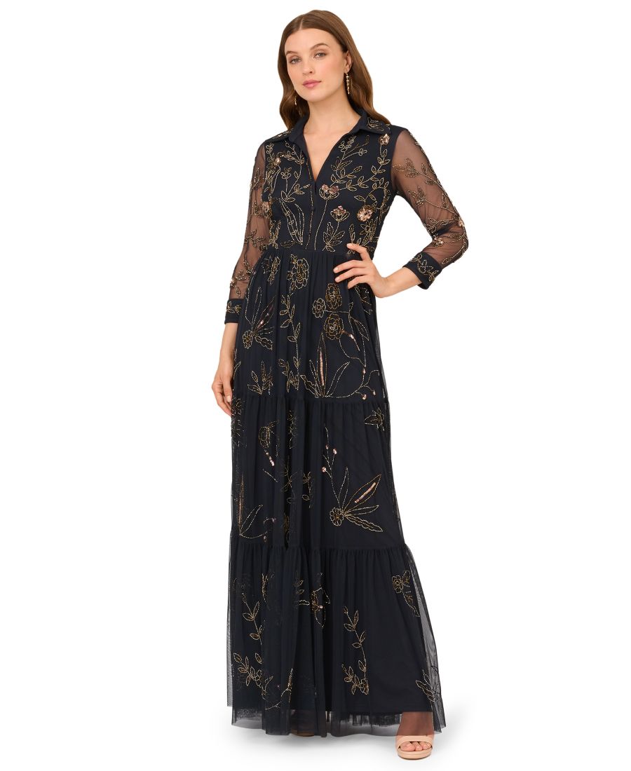 

Женское длинное платье-макси с бисером и длинными рукавами Adrianna Papell, Midnight multi