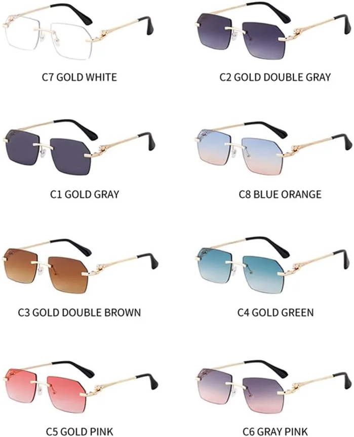 

Солнцезащитные очки без оправы для мужчин и женщин, без оправы, металлические очки с леопардовым принтом, солнцезащитные очки UV400 VFDHN, C8 Blue Orange