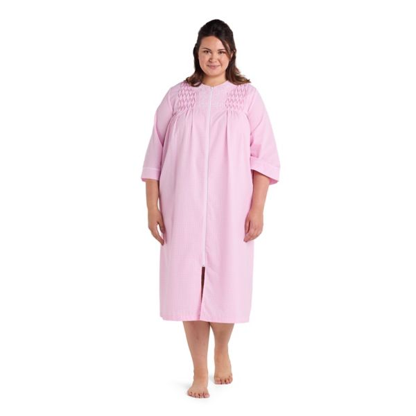 

Плюс сайз халат с длинной молнией в полоску Miss Elaine Essentials, цвет pink white check