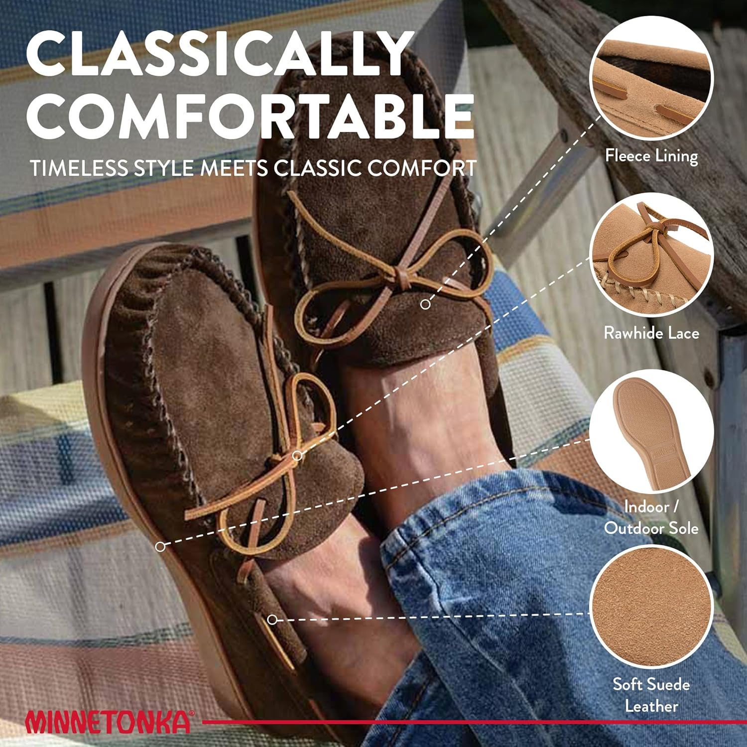 Мокасины Minnetonka для мужчин с твердой подошвой и флисовой подкладкой в клетку, Cinnamon — фото 4