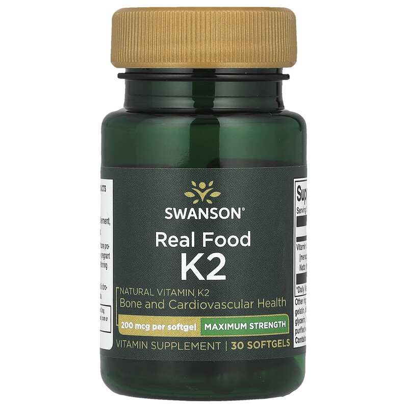 

Swanson, Maximum Strength, Real Food K2, 200 мкг, 30 мягких таблеток