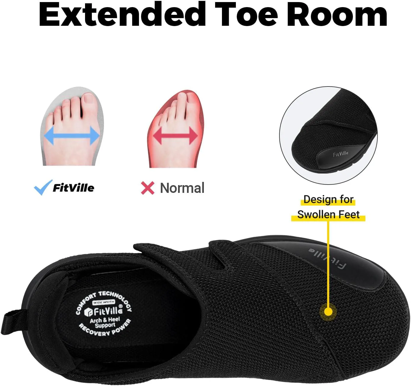 

Мужские диабетические туфли FitVille, сверхширокая посадка XX-Wide, ортопедические слипоны с регулируемой застежкой, кроссовки для ходьбы с поддержкой свода стопы, амортизацией, терапевтические для опухших ног, черный