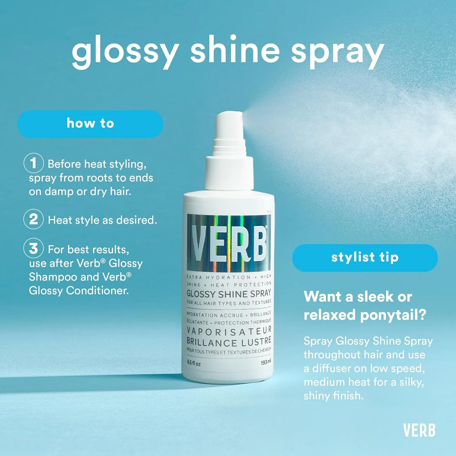 VERB Glossy Shine Spray - увлажняющий термозащитный спрей для волос, придает блеск и подготавливает к укладке, Vegan, без парабенов и сульфатов 251 мл / 2 шт. — фото 3